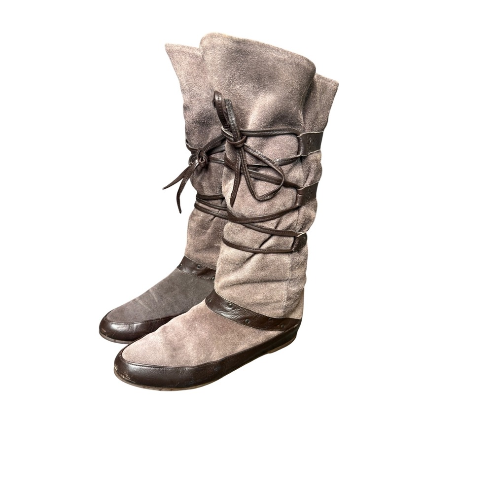 Vtg Town & Country Taupe Suede Tall Lace Up Shearling Lined Boots Portugal 8.5